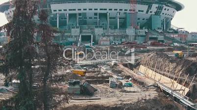 Aerial Shoot Football Stadium Under Construction, top view