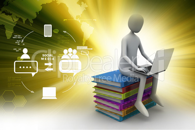 3d man sitting on books and working at his laptop