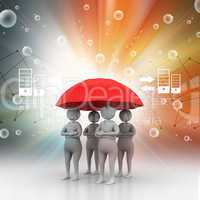 3d people under a red umbrella, team work concept