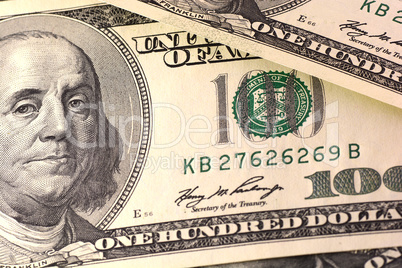 Dollars closeup. Benjamin Franklin portrait on one hundred dollar bill