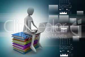 3d man sitting on books and working at his laptop