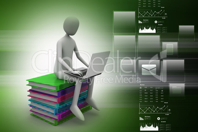 3d man sitting on books and working at his laptop