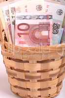 money set in a basket, dollars, euro and ukrainian money