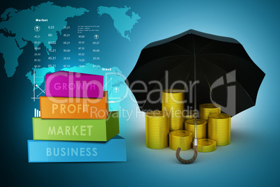 Gold coins under a black umbrella