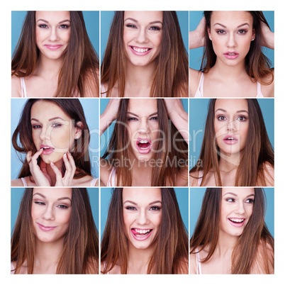 Set of nine different expressions on a pretty girl