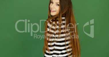 Young Woman in Trendy Black and White Stripe Dress