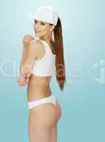 Smiling Pretty Woman in White Underwear with Cap