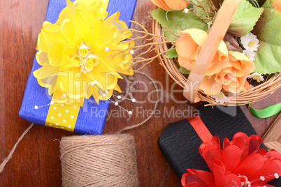 gift box, flowers and old thread