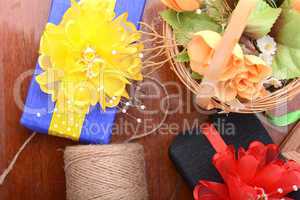 gift box, flowers and old thread