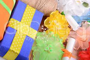 set of gift box, bow and ribbons