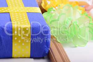 set of gift box, bow and ribbons