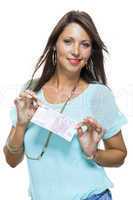 Smiling Attractive Woman Holding 500 Euro Bill