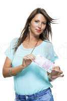 Smiling Attractive Woman Holding 500 Euro Bill