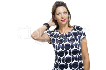 Smiling Lady in Elegant Dress with Hands on Waist