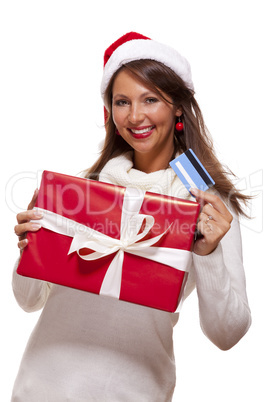 Woman holding a Christmas gift and bank card