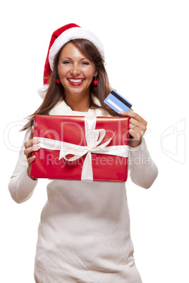 Woman holding a Christmas gift and bank card