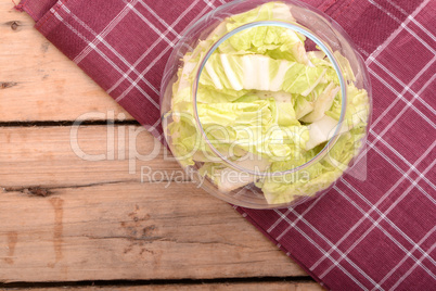 Cabbage chopped in glass bowl