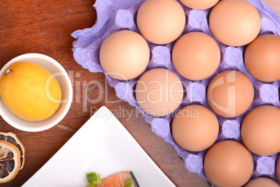 egg, lemon and red fish
