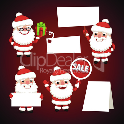 Set of Cartoon Santa Clauses Holding a White Empty Banners