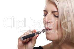 Close up Blond Woman Smoking Using E- Cigarette