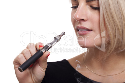 Close up Blond Woman Smoking Using E- Cigarette