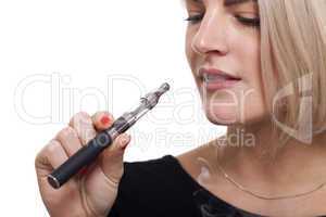 Close up Blond Woman Smoking Using E- Cigarette