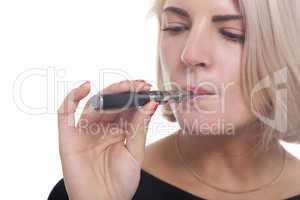 Close up Blond Woman Smoking Using E- Cigarette