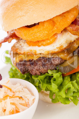Delicious egg and bacon cheeseburger