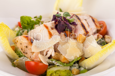 tasty fresh caesar salad with grilled chicken and parmesan