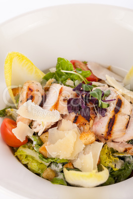 tasty fresh caesar salad with grilled chicken and parmesan