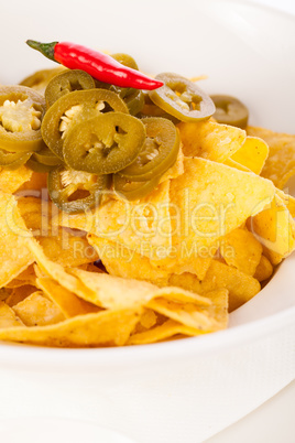 Nachos with cheese sauce and chilli pepperoni