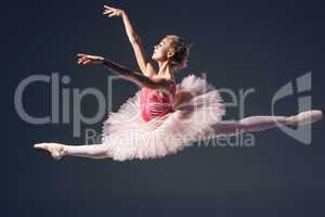 Beautiful female ballet dancer on a grey background. Ballerina is wearing  pink tutu and pointe shoes.