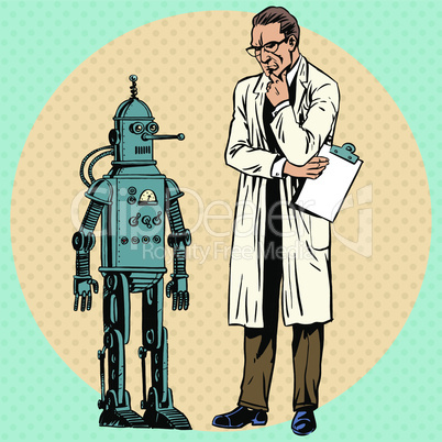 Professor scientist and a robot. The Creator and gadget new science technology pop art comics retro style Halftone