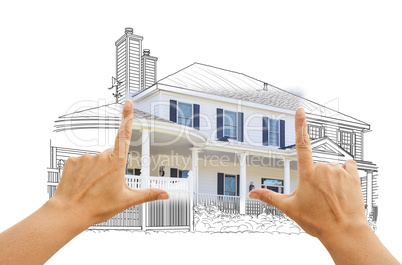 Hands Framing House Drawing and Photo on White