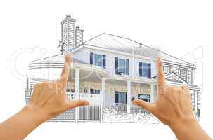 Hands Framing House Drawing and Photo on White