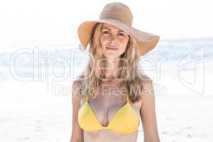 Smiling pretty blonde in bikini looking at camera