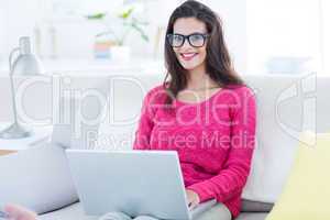 Smiling beautiful brunette using her laptop on the couch