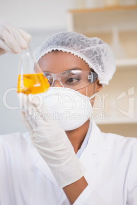 Scientist examining petri dish with orange fluid inside