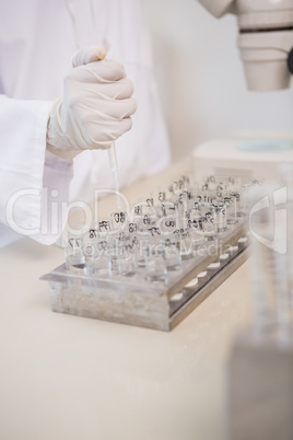 Scientist working with many test tubes and pipette