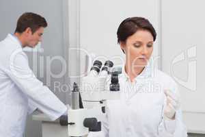 Scientists working with microscope and computer