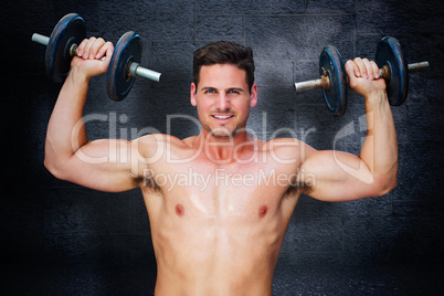 Composite image of bodybuilder lifting dumbbells