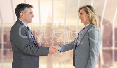 Composite image of pleased businessman shaking the hand of conte