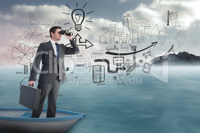 Composite image of businessman in boat with binoculars