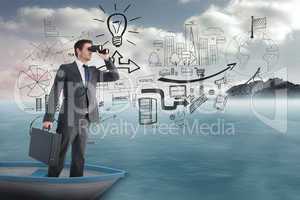 Composite image of businessman in boat with binoculars