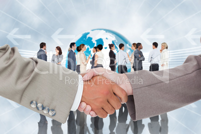 Composite image of side view of shaking hands