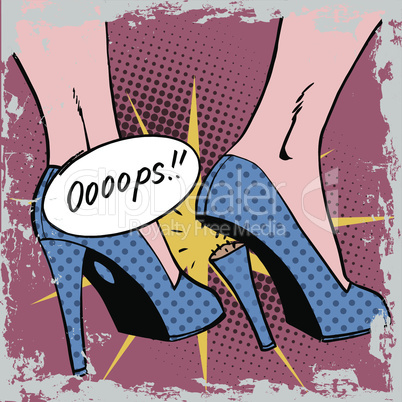 oops broke heel woman nasty surprise pop art comics retro style Halftone old paper