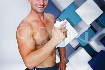 Composite image of bodybuilder holding flask