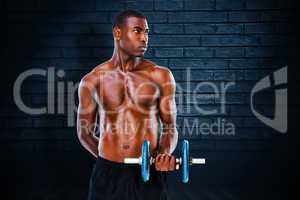 Composite image of serious fit shirtless young man lifting dumbb