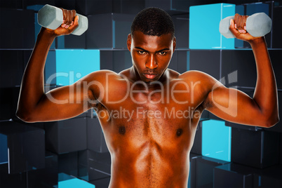 Composite image of determined fit shirtless man lifting dumbbell