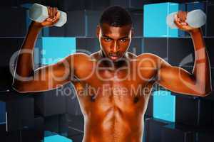 Composite image of determined fit shirtless man lifting dumbbell